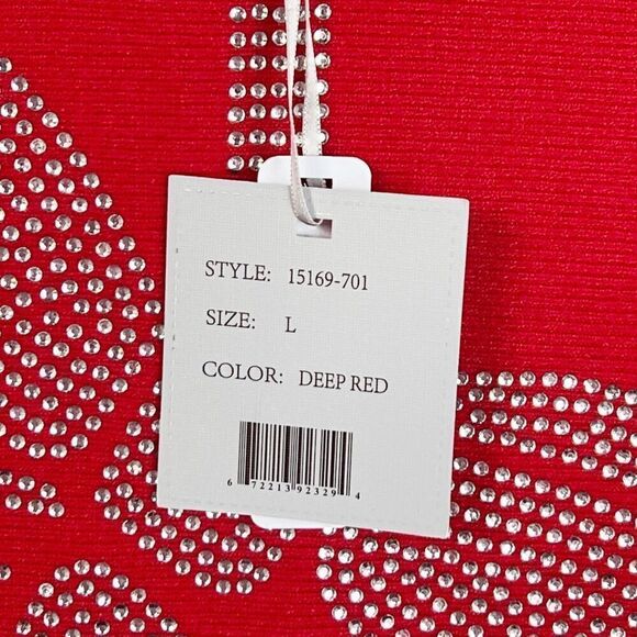 LIV Milano Deep Red Bow Rhinestone Embellished Sweater Dolman Sleeve Size L NWT - Picture 3 of 9